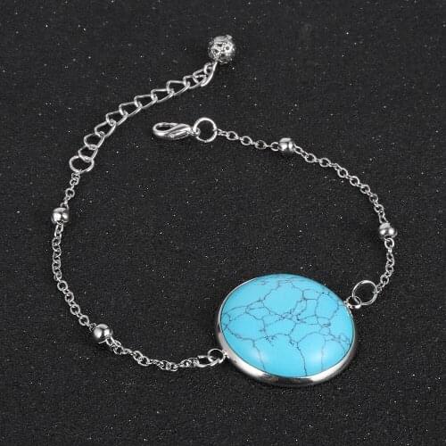 2020 Fashion Women Natural Stone Bracelet 25mm Round Turquoises Moonstone Crystal Beaded Charm Hand Chain Jewelry Gift For Girls