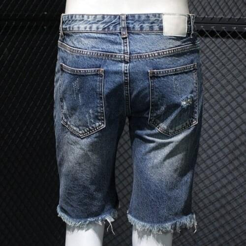 Fashion Hole Denim Shorts Men High Street Loose Tassel Knee-Length Shorts Summer New Retro Washed Cowboy Beach Shorts 28-36
