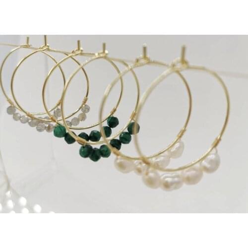 Dainty Natural Gemstones Earrings Pearl Malachite Labradorite Moonstone Hoops Delicate Wired Earrings Faceted 14K Gold Filled