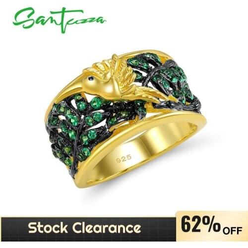 SANTUZZA 925 Sterling Silver Rings For Women Gold Color Sparkling Green Spinel Lovely Bird Plants Party Delicate Fine Jewelry