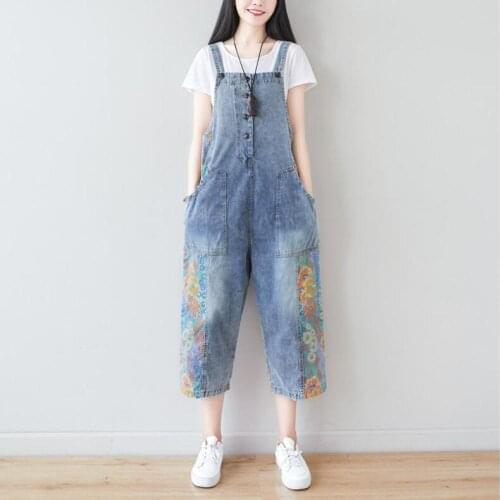 Literary Womens Loose Wide-leg Cropped Jumpsuit Summer New Single-breasted Stitching Printed Casual Denim Rompers