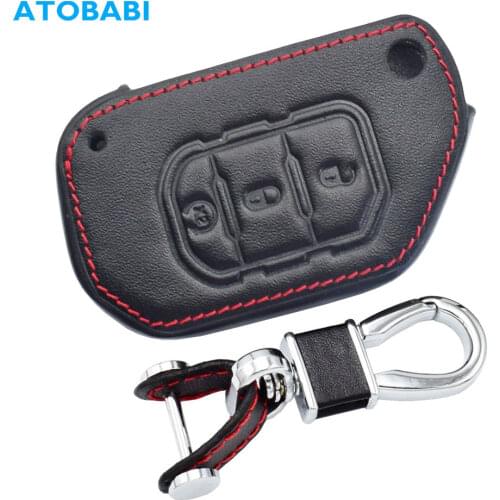 Leather Car Key Cover For Jeep Gladiator Wrangler 2019 2020 3 Buttons Folding Keychain Holder Remote Control Fob Protector Case