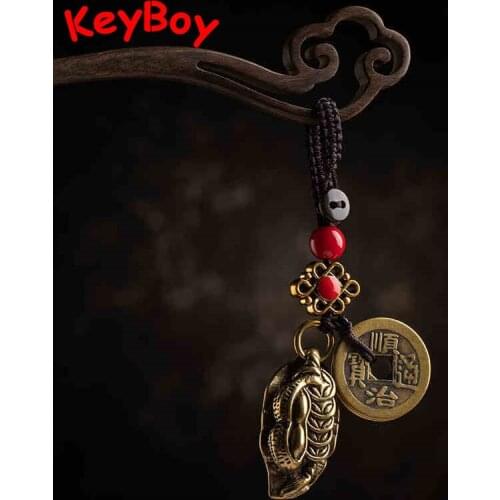 Brass Leaf Peanut Lucky Keyring Pendant Handmade Woven Rope Five Emperors Coin Chinese Feng Shui Hanging Jewelry Vintage Keyring