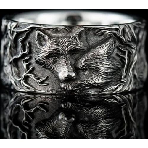 MOONROCY Thai Silver Color Rings Wolf Animal Totems Party Men Ring Vintage Male Gift Dropshipping Hyperbole Jewelry Wholesale