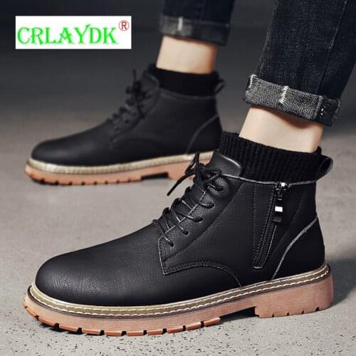 CRLAYDK Mens Fashion Shoes Lace-Up Vintage Boots Winter Warm Leather Casual High Top Zippers Sneakers Sock Safety Walking Flats