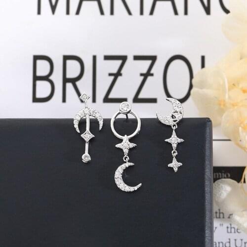 Simple Star Moon Set Earrings Silver Color Cubic Zircona Small Short Tassel Earring Set For Women Jewelry Oorbellen Zk30