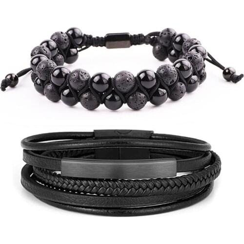 New Fashion Men Leather Bracelet Lava Stone Tiger Eye Stone Braided Bead Genuine Leather Macrame Bracelet Set Men Gift