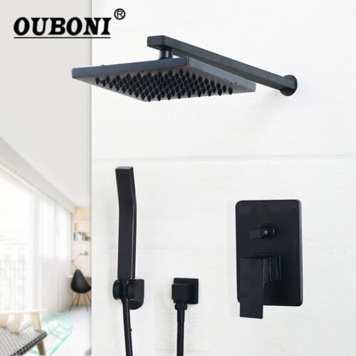 OUBONI Square Black Wall Mounted Bathroom Rainfall Shower Faucet Sets 8 Inch Oil Rubbed Bronze Head Hand Shower Shower Sets