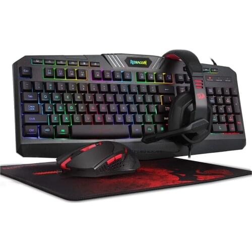 Redragon S101 Wired RGB Backlit Gaming Keyboard Mouse Gaming Mouse Pad Gaming Headset Combo All in 1 Gamer Bundle for Windows PC