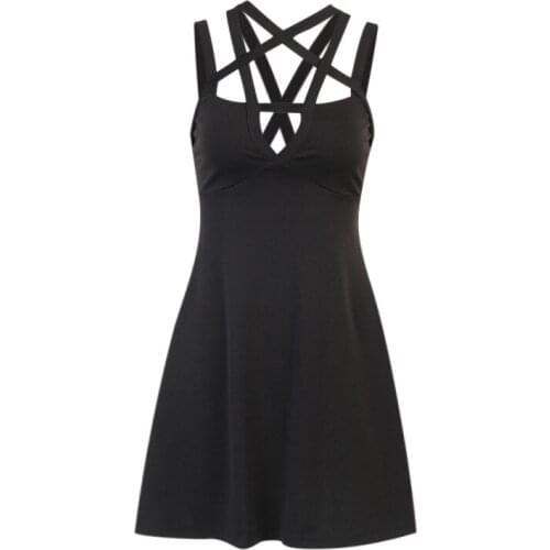 Ruibbit Grunge Goth Sexy Hollow Out Pentagram Dress Harajuku Bandage High Waist A-Line Mini Dress Aesthetic Backless Party Dress
