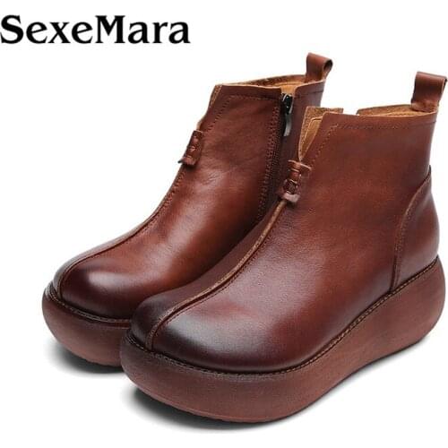 SexeMara Womens Flat Platform Genuine leather Shoes Black Casual Woman Moccasin zapatos mujer Slip On Ladies Flats Shoes