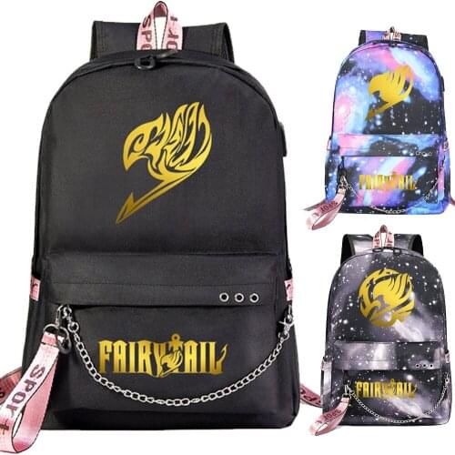 New Cartoon Cute Boys Girls Kids School Bag Gold Fairy Tail Prints Women USB Chain Backpack Canvas Men Bagpack Packsack Bookbag