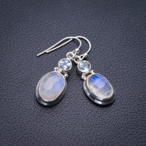 StarGems Natural Rainbow Moonstone And Blue Topaz Handmade 925 Sterling Silver Earrings 1.5" E1430