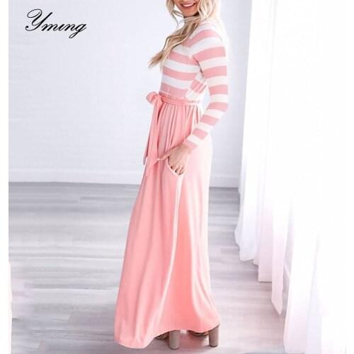 YMING Autumn Women Maxi Dress Robe Femme Boho Striped Print Party Dresses Long Sleeve Pockets Beach Dress Vestidos Female