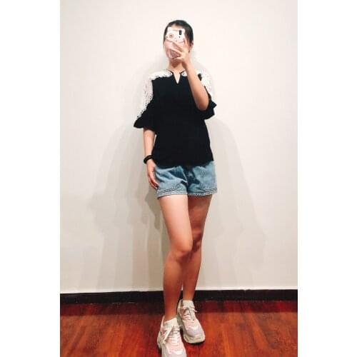 Patads French minority stitching hollow lace round neck short sleeve T-shirt spring and summer casual womens wear e11765e