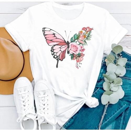 2021 Summer Short Sleeve 90s Floral Butterfly Beach Holiday Women Fashion Clothes Print Tshirt Female Tee Top Graphic T-shirt