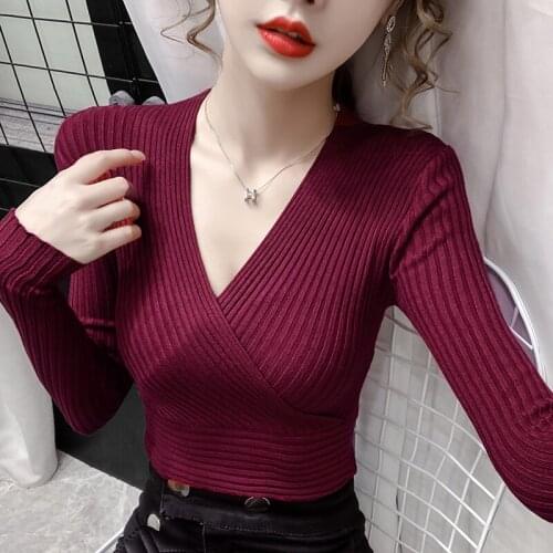 Spring Autumn Female Full Sleeve Crossed V-neck Sweater Shirts Girls Stretchy Bottoming Sweaters Pullovers Tops Women
