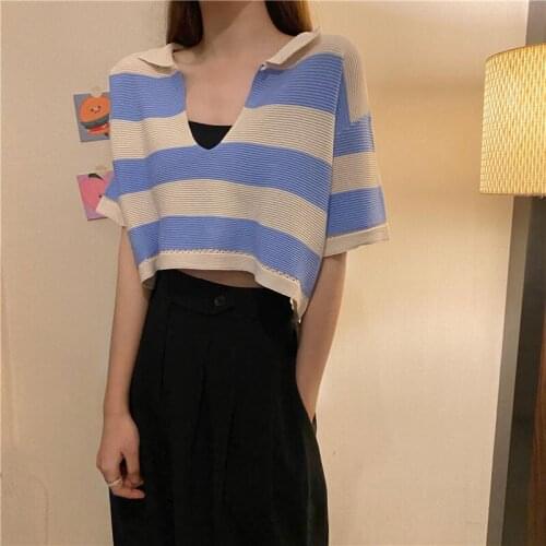 Woman TShirts Striped Sweater Womens 2021 Summer Loose Short Sleeves Top Crop Top Mujer Camisetas