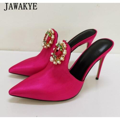 JAWAKYE Gemstone Buckle High Heel Mules Woman Slippers Pointy Toe Rhinestone Diamond Spring Summer Shoes Sexy Satin Runway Shoes