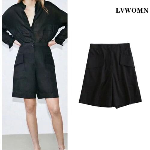 LVWOMN Za Black Women Shorts 2021 Spring Summer High-Waisted Shorts Woman Vintage Casual Cargo Pants Chic Pocket Shorts