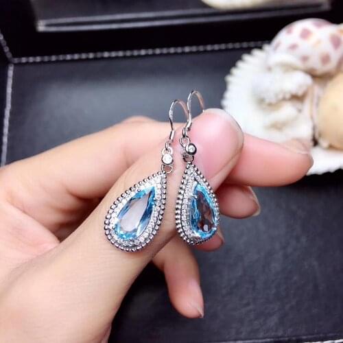 Waterdrop style clear blue topaz dangling earrings for women jewelry hook earrings real 925 silver natural gem girl date gift