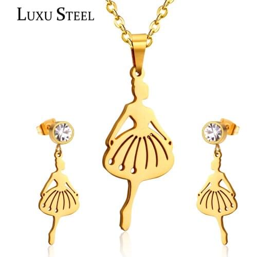 LUXUSTEEL Gold Jewelry Sets Dancer Girl Pendant Necklace Earrings Sets Female Jewelry Stainless Steel Chain Jewelry Sets Party