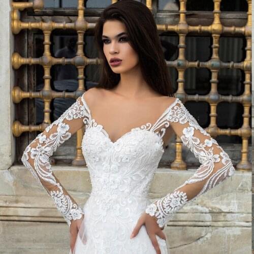 GY Sheer Long Sleeves Mermaid Wedding Dresses Lace Appliques Slim Fitted With Tulle Lace Overlay Sexy Bridal Gowns Custom