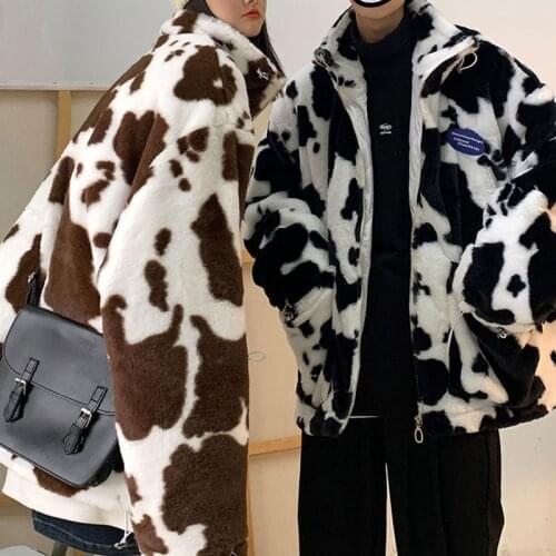 Winter Milk Spot Fur Coat Men Women Fashion Street Thick Warm Jackets Long Sleeve Loose Black White White Coffee Lovers Clothes