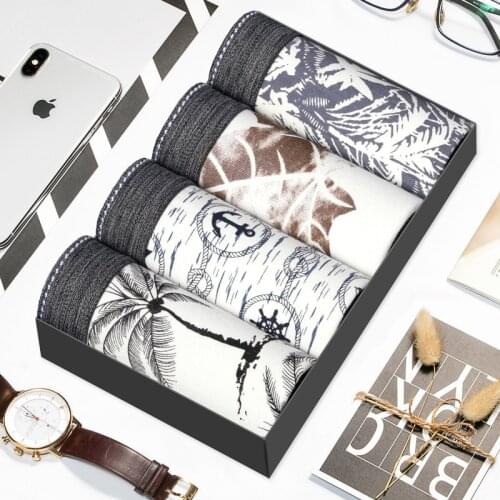 4Pack Cotton Male Panties Mens Underwear Fashion Digital Printing Trousers Personality Breathable Young Mens Boxer Underwear
