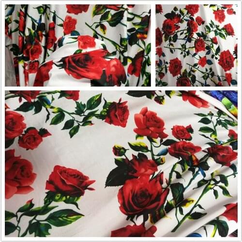 4 Side Stretch Swimwear Fabric Viscose Knitted Fabric Red Rose Flower Printed Soft Fabric DIY Sewing Stage Tights Sportwear