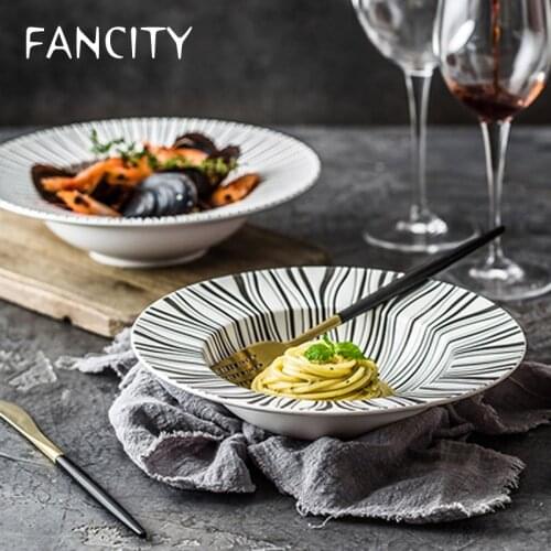 FANCITY Black and white printing western food plate simple creative straw hat tableware European ceramic household deep dish
