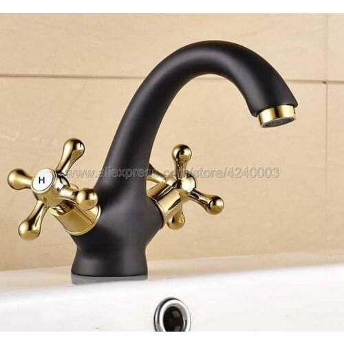 Black Ol Rubbed Bronze Bathroom Basin Faucet Gold Brass Sink Faucet Double Handle Vessel Sink Water Tap Mixer Knf806