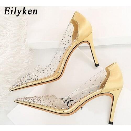 Eilyken New Design Pointed Toe PVC Transparent Crystal Pumps Sandals Fashion Thin Heels Ladies Party Shoes Size 34-40