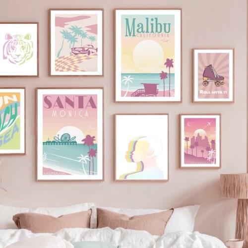 Wall Art Print Canvas Painting Santa Monica Malibu Beach Palm Tree Tiger Car Nordic Poster Wall Picture For Living Room Decor