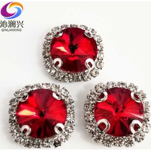 Round shape top glass crystal rhinestones with hole,Red Silver bottom sew on stone for Diy Clothing accessories SWWK07