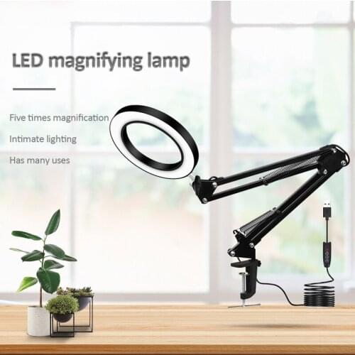 New Foldable Magnifying Glass with LED Light Third Hand Soldering Tool Desk Clamp USB 5X Magnifier Welding/Reading 8W Table Lamp