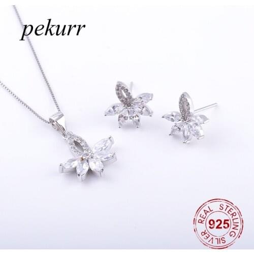 Pekurr 925 Sterling Silver Oval Crystal Blooming Flowers Earrings Necklace Sets For Women Flower Pendants Wedding Jewelry