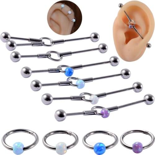 Surgical Steel Opal Straight Barbell Ring Fire Opal Industrial Barbell Opal Ear Cartilage Tragus Helix Septum Clicker Piercing