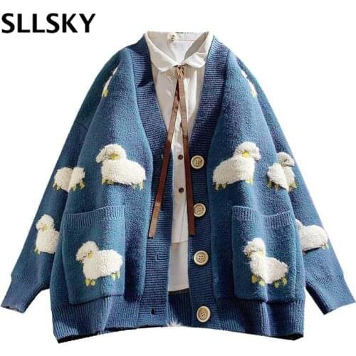 Sllsky Winter Knitting Women Sweater Cute Cartoon Printting Female Cardigan Loose Streetwear V Neck long Sleeve Sweater Coat