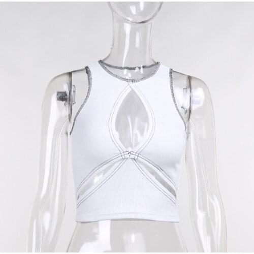 All-Match Retro Sexy Gothic Punk O-Neck Crop Tops Sleeveless Solid Slim Short Polyester Streetwear Hollow Out Vest Black White