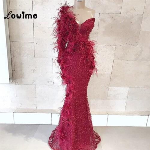 Feather One Shoulder Evening Dresses Mermaid Beaded Long Sleeves 2019 Robe De Soiree Prom Dress Arabic Muslim Dubai Party Dress