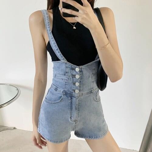 Vintage High Waist Denim Shorts Women 2021 Summer Single-breasted Strap Jeans Shorts Plus Size Overalls Shorts Women short femme