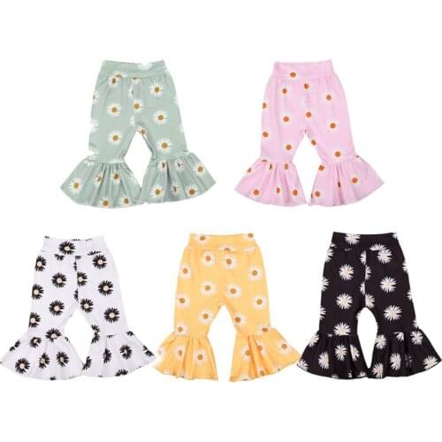 Wallarenear 0-4Years Toddler Baby Girl Fashion Flare Pants Daisy Floral Printed Elastic Waist Long Pant 5Colors