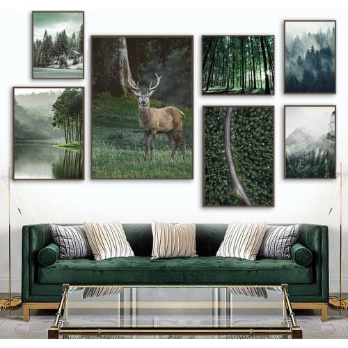 Deer Forest Lake Tree Road Chalet Pine Wall Art Canvas Painting Nordic Posters And Prints Wall Pictures For Living Room Decor