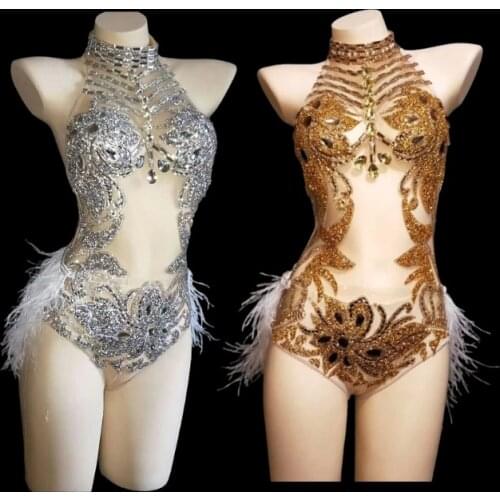 Sparkly Silver Crystals Mesh Bodysuit Feather Leotard Outfits Women Bar Dance Stage Party Costume Celebrate Clothes Wear DT373