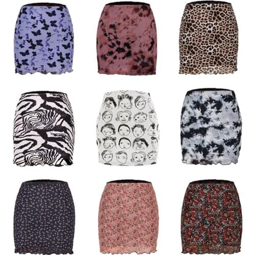 Women Close-Fitting Short Skirt Printed Pattern High Waist Lace Hem Dress S M L XL