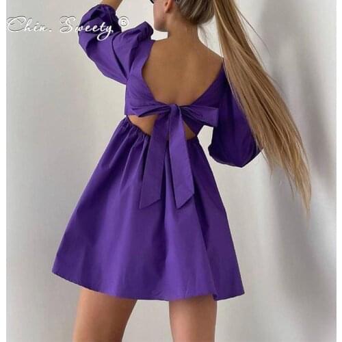 Cotton Womens Solid Long Puff Sleeve Dresses 2021 Autumn Square Collar Backless Bow Ruches Vestidos Ladies Sweet Fashion Dress