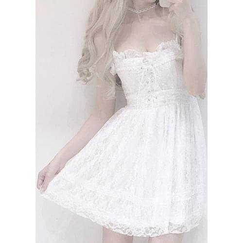 Women Lolita Princess Dress Lace Japan Style White Sweet Spaghetti Strap Mini A-Linen Dresses Summer Streetwear Fashion 225-141