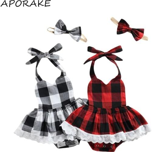 2021 0-24M Infant Baby Girl Playsuit Summer New Plaid Print Sleeveless V Neck Backless Romper+Headband 2pcs Outfits