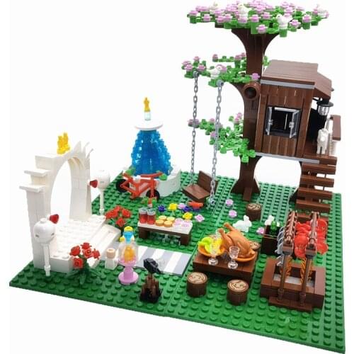 4 Sets Trees House Building Blocks Bricks Parts Wedding BBQ Fountain Toys with Baseplates Compatible Classic City Blocks Bloques